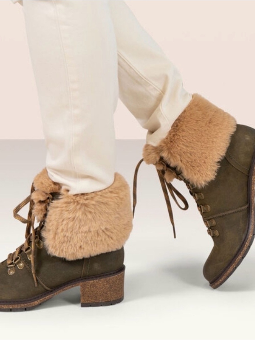 Aetrex Olive Green Suede Lace-Up Ankle Boots with Tan Faux Fur Cuff